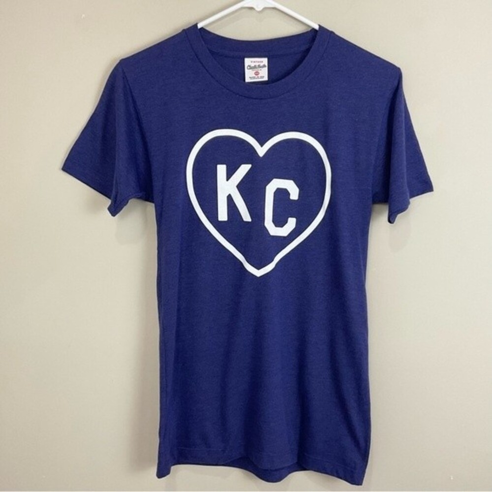 Charlie Hustle Blue KC Tee Shirt Heart Ladies Sz XS Slim Kansas City Local New